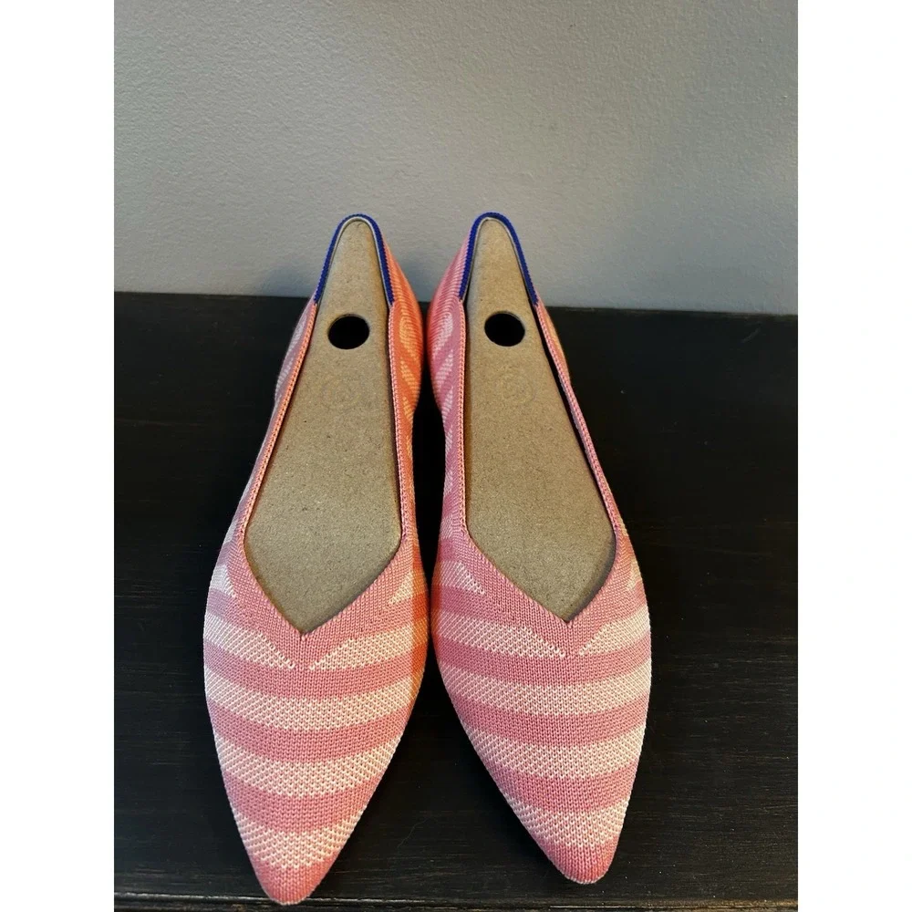NEW Rothys Women's 8.5 Pink Striped Pointed Toe Knit Flats